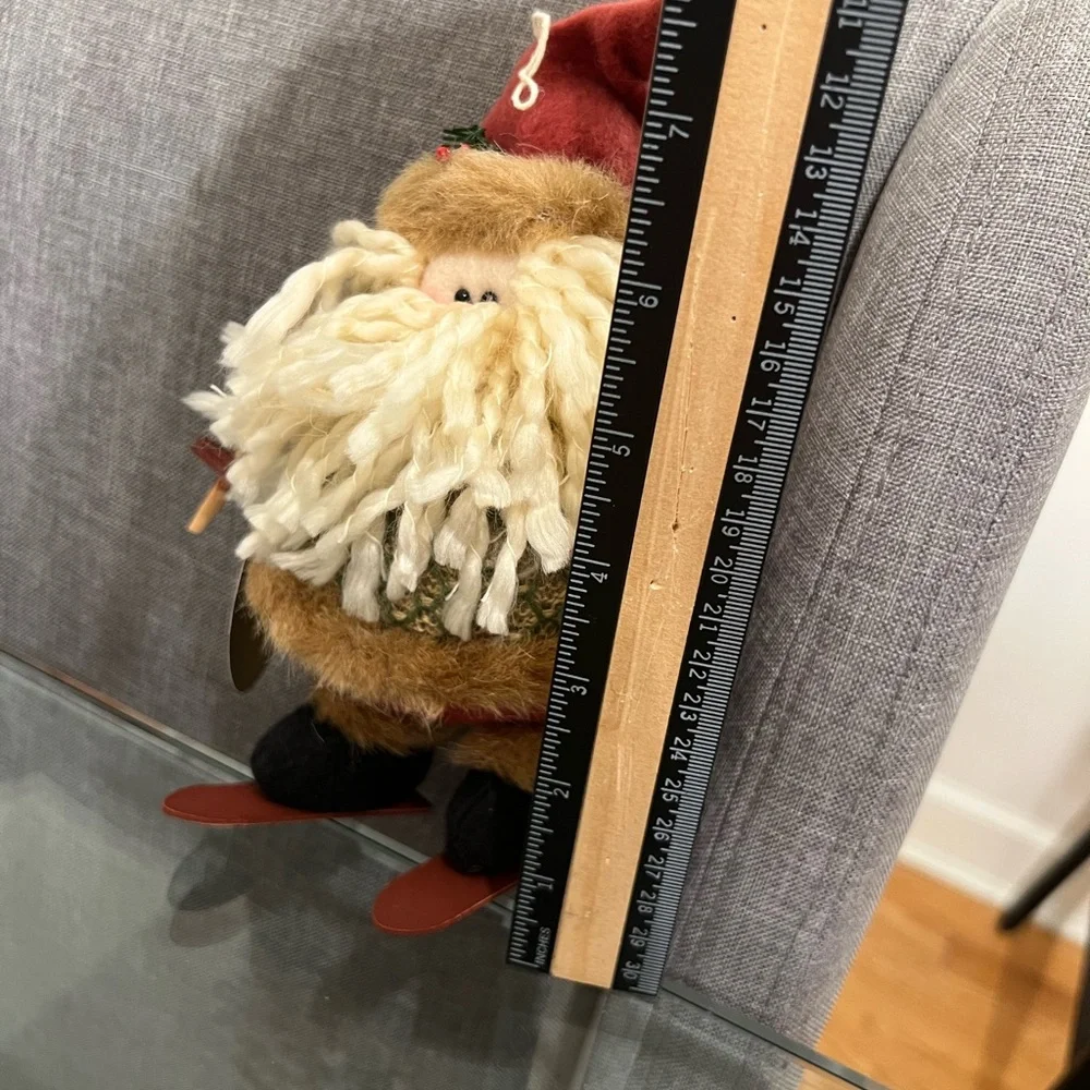 Vintage Festive Santa skiing Plush Ornament - Cream and Brown
